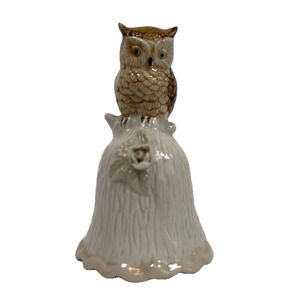 Classic Porcelain Horned Owl w/Flower Dinner Bell Glossy Glazed Vintage